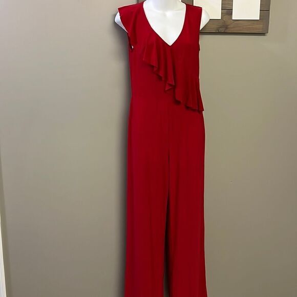 Bebe Red V-Neck Sleeveless Ruffled Wide Leg Back Zip-Up Jumpsuit- Size 6 - Picture 1 of 16